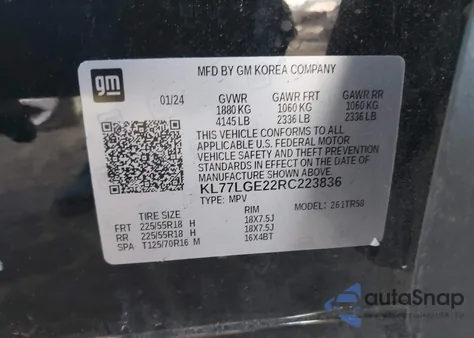 2024 Chevrolet Trax Fwd 1Rs z USA, uszkodzony, nr VIN KL77LGE22RC223836